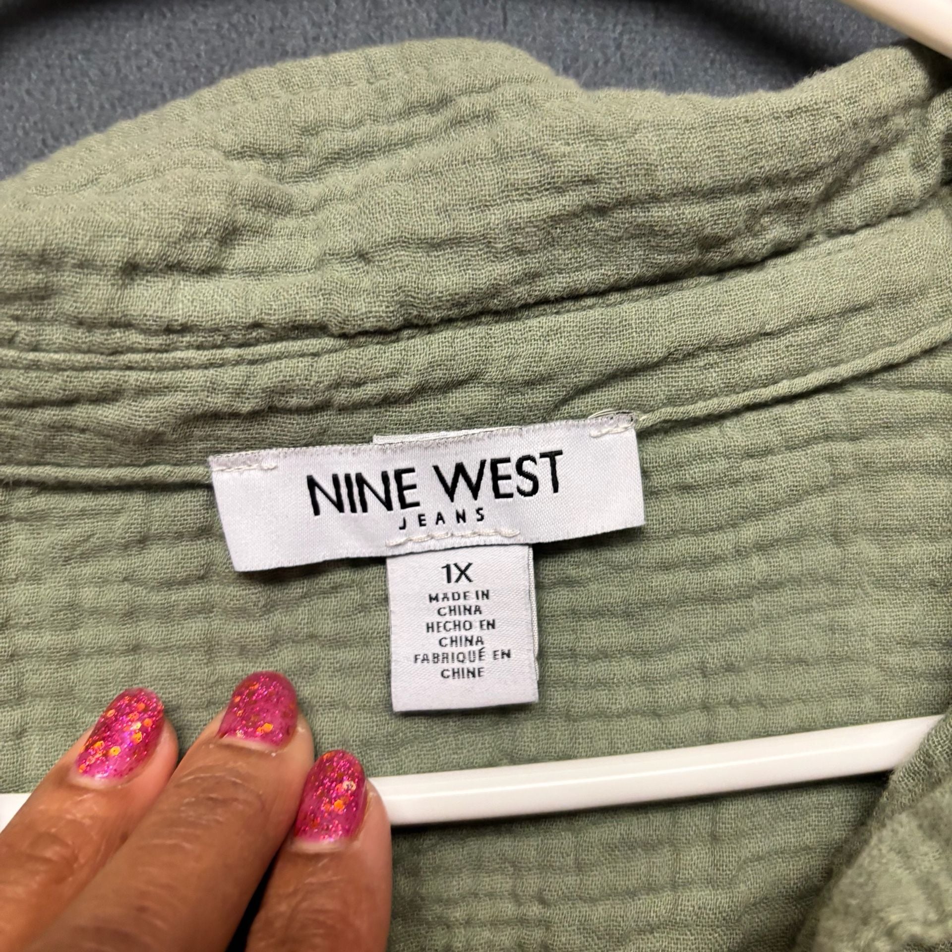 Nine West Textured Polo Shirt Size 1X Olive Green Gauze 3