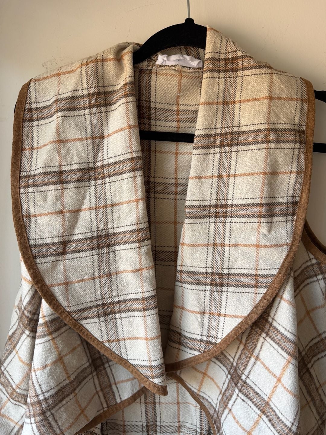 Luxology Plaid Waterfall Vest Size M Brown White Open Front Drape 3