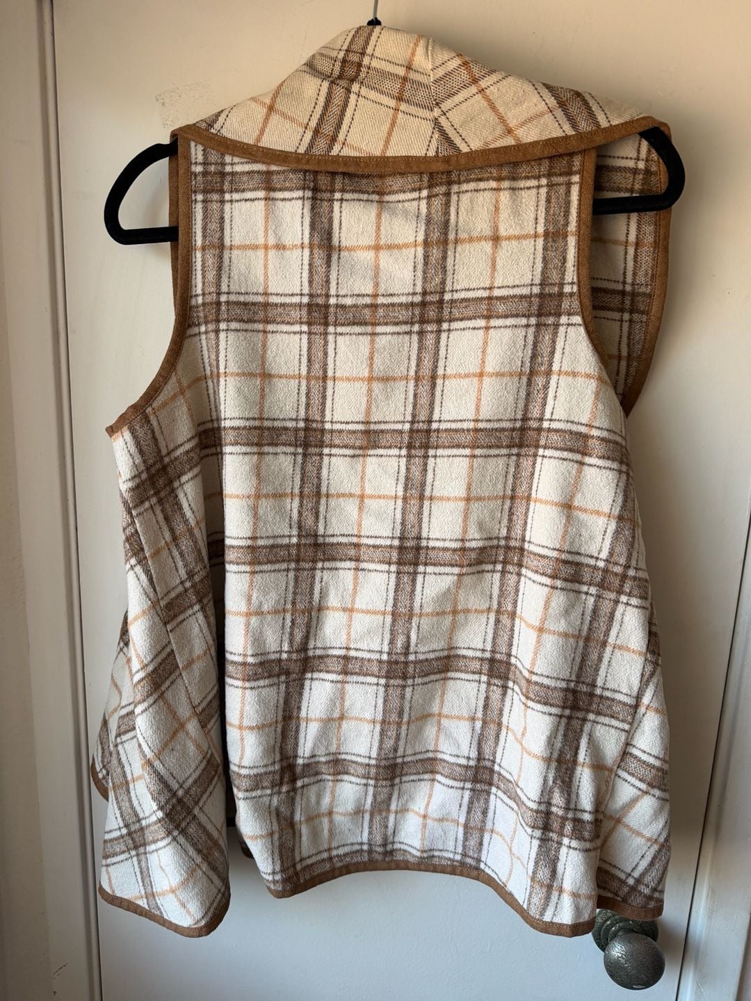 Luxology Plaid Waterfall Vest Size M Brown White Open Front Drape 7