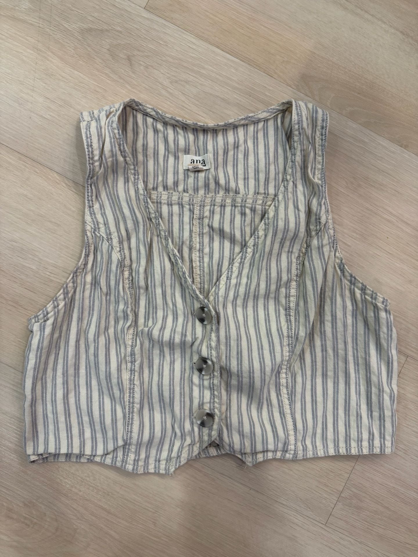 Ana a New Approach Vest Size L Blue Striped Linen Cotton 2