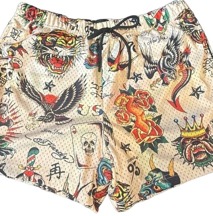 Ed Hardy Flashboard Mesh Shorts Size L Tattoo Graphic Multi 3