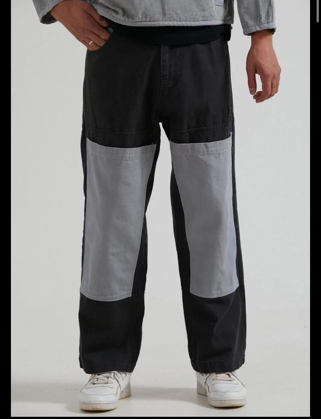 Afends Organics Carpenter Pants Size 28 Black Gray Contrast Knee Patches 4