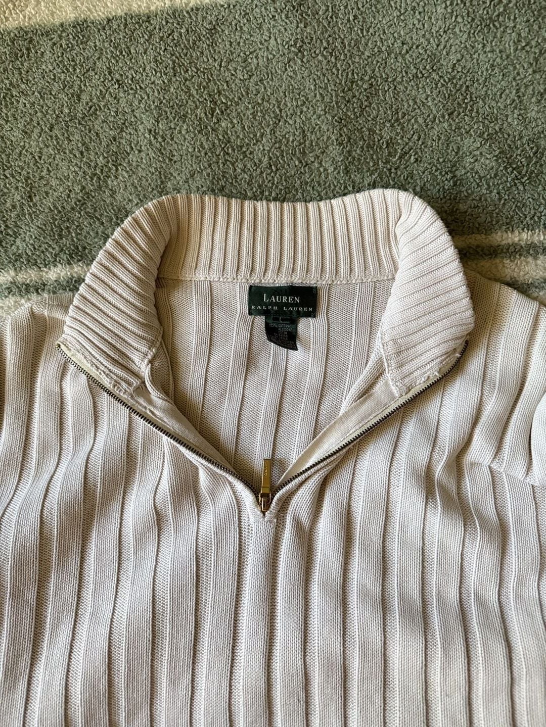Lauren Ralph Lauren Quarter Zip Ribbed Sweater Size L Cream 4