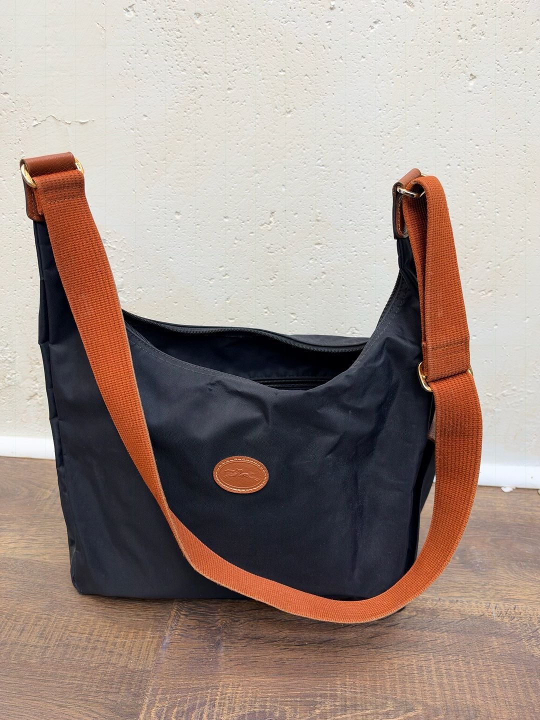 Longchamp Black Nylon Canvas Crossbody Bag Cognac Brown Strap 2