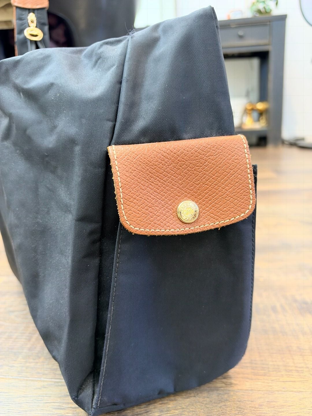 Longchamp Black Nylon Canvas Crossbody Bag Cognac Brown Strap 3
