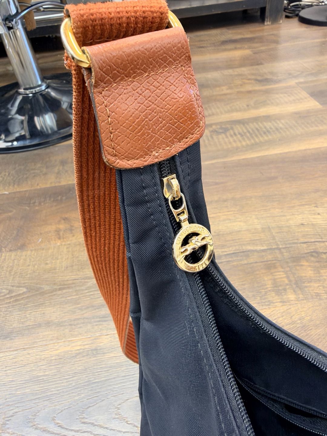 Longchamp Black Nylon Canvas Crossbody Bag Cognac Brown Strap 5