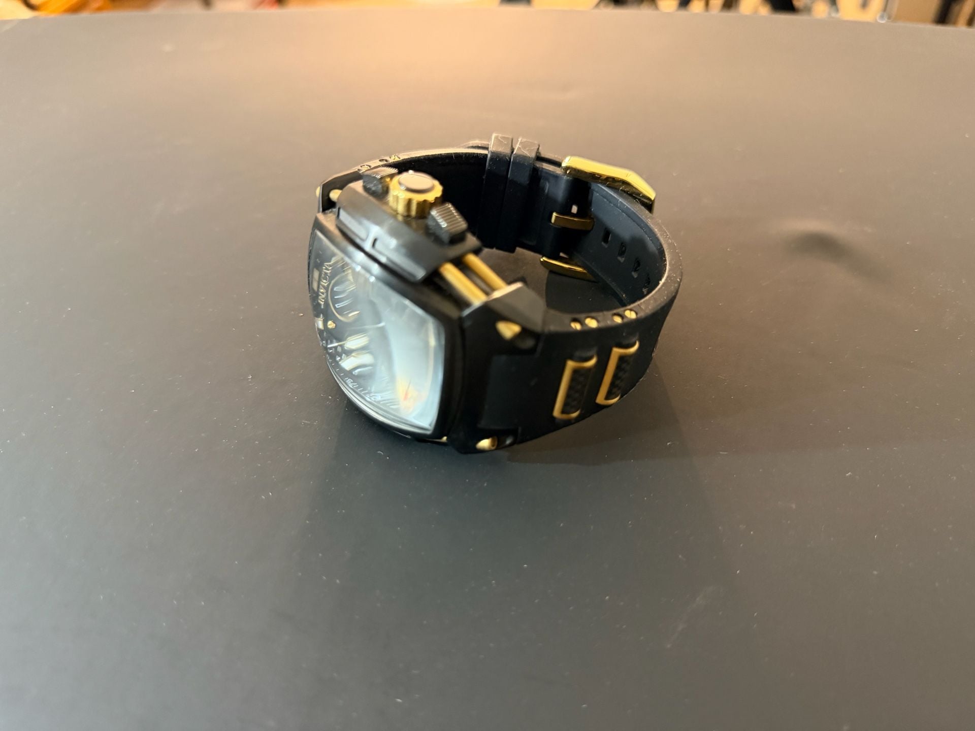 Invicta Chronograph Black And Gold Tonneau Watch 3