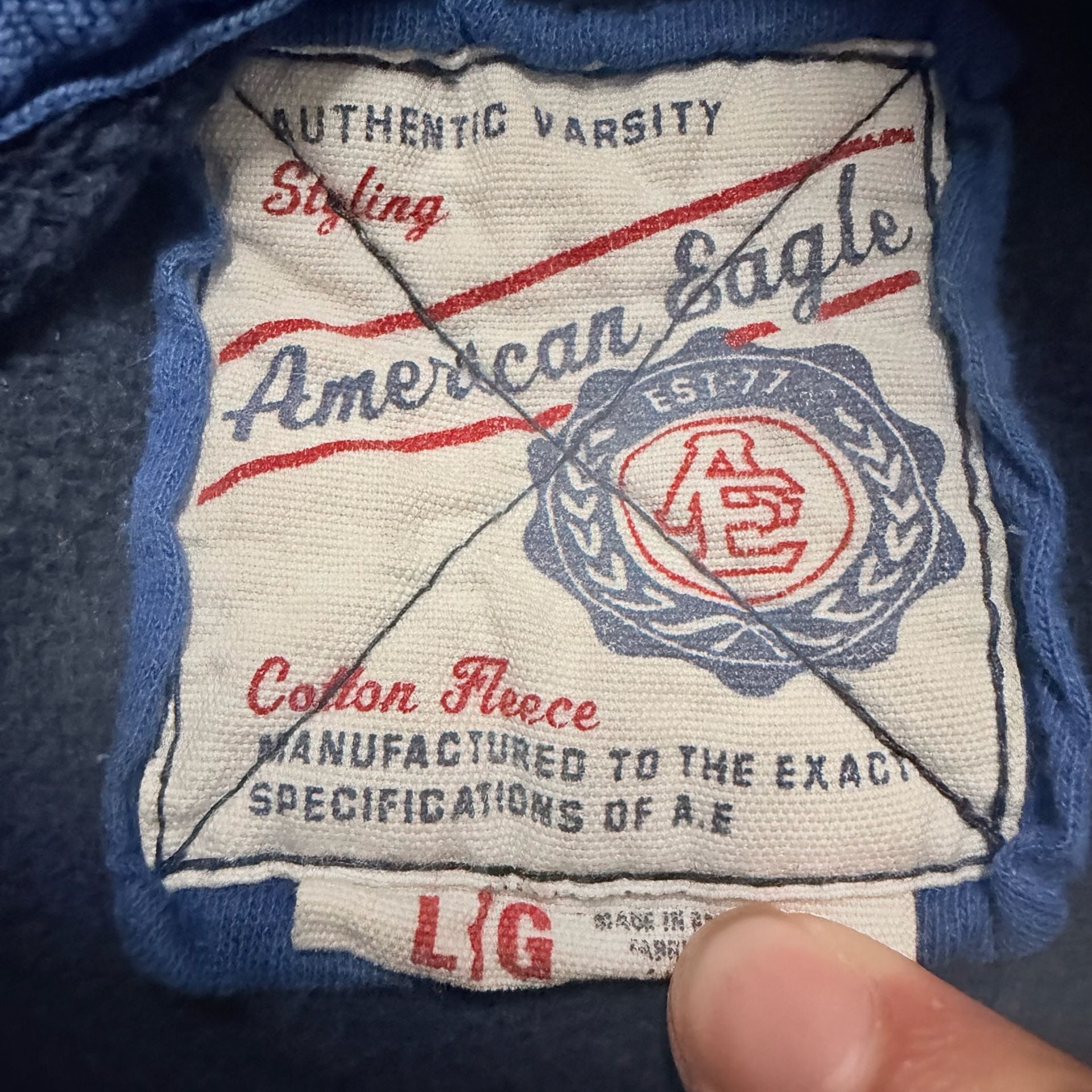 American Eagle Hoodie Size L Blue Cotton Fleece Graphic Pullover 5