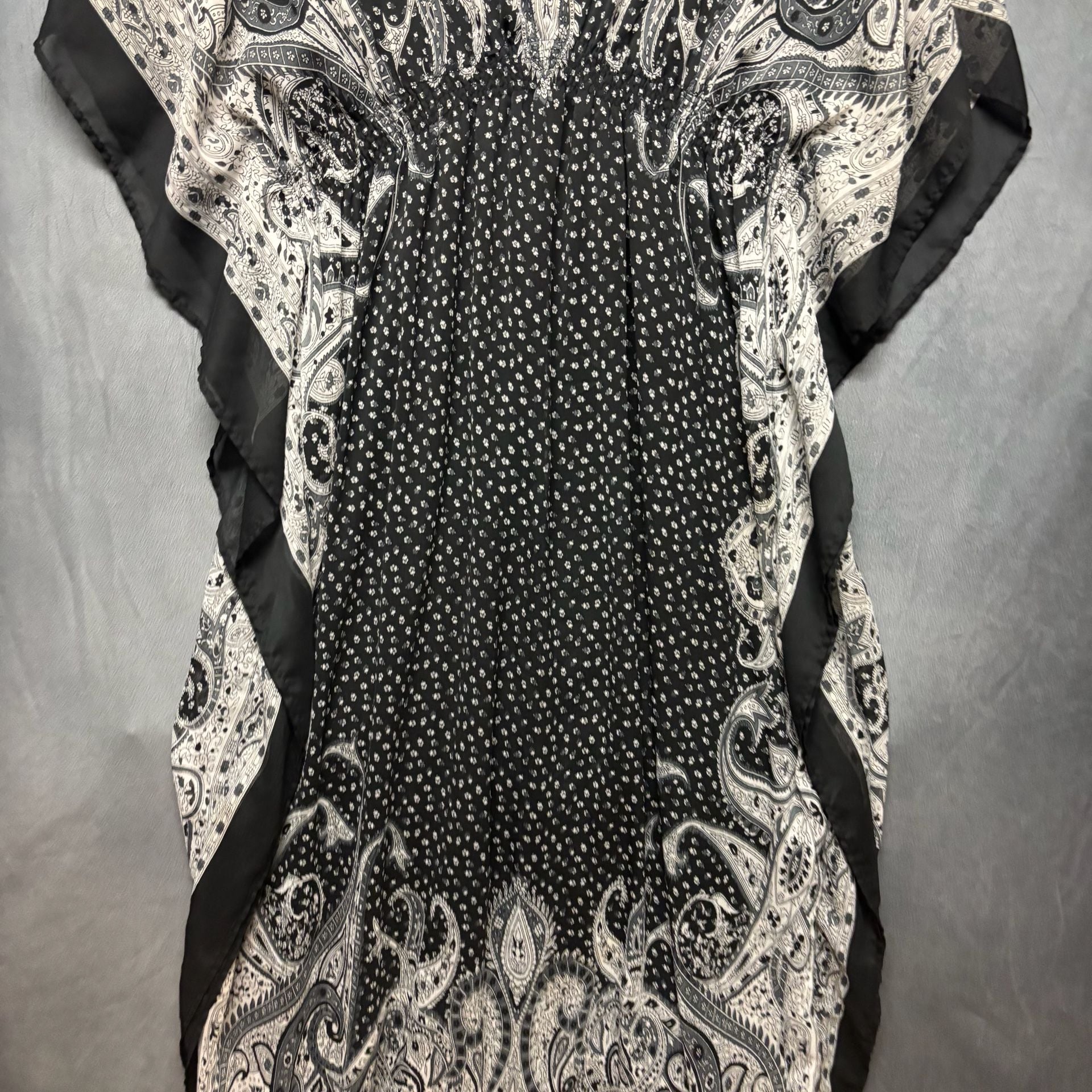 MPH Collection Black White Paisley Chiffon Kaftan Dress Tunic Smocked Waist 3