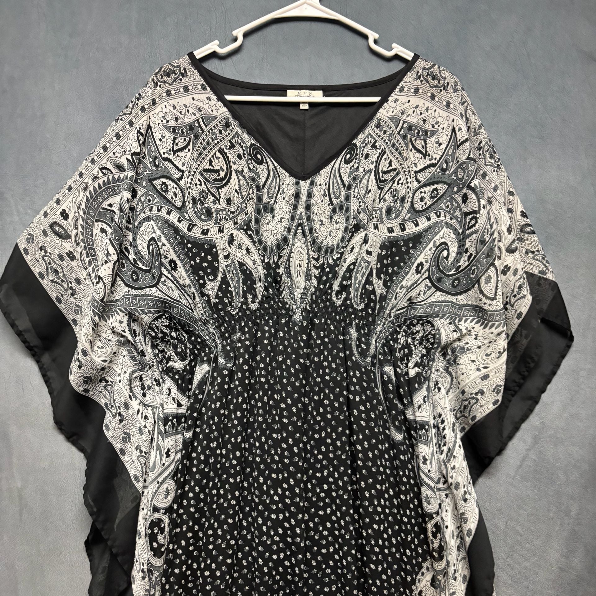 MPH Collection Black White Paisley Chiffon Kaftan Dress Tunic Smocked Waist 4