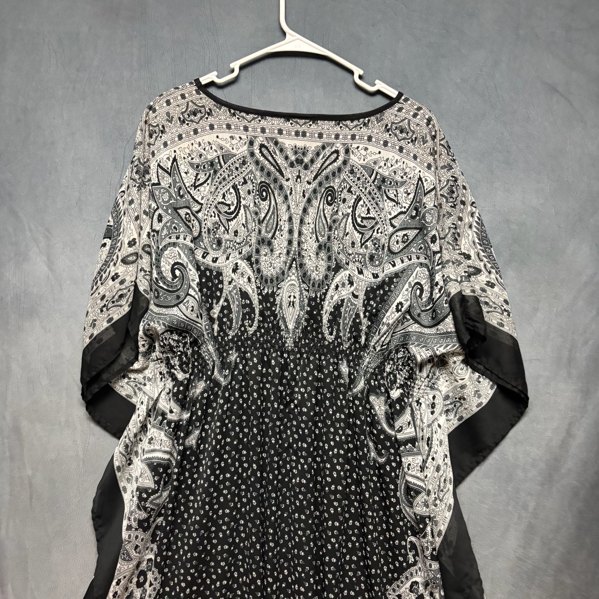 MPH Collection Black White Paisley Chiffon Kaftan Dress Tunic Smocked Waist 9