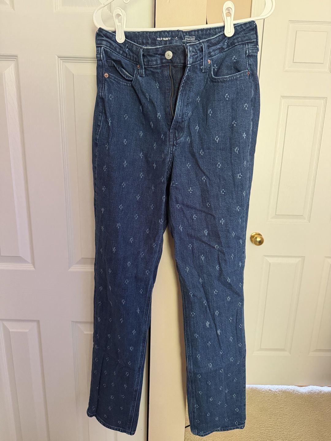Old Navy Extra High-Rise Straight Jeans Size 6 Tall Blue Micro Pattern 2