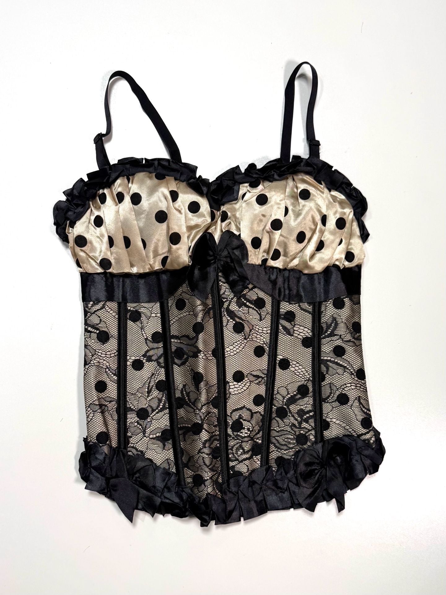 Women's Corset Bustier Top M Whimsigoth Witchy Coquette Y2K Cottage-Glam Balletcore Black Champagne Polka Dot Lace Overlay Satin Ruffle Bow Boned Lace-Up Back Side Zip Adjustable Straps 2