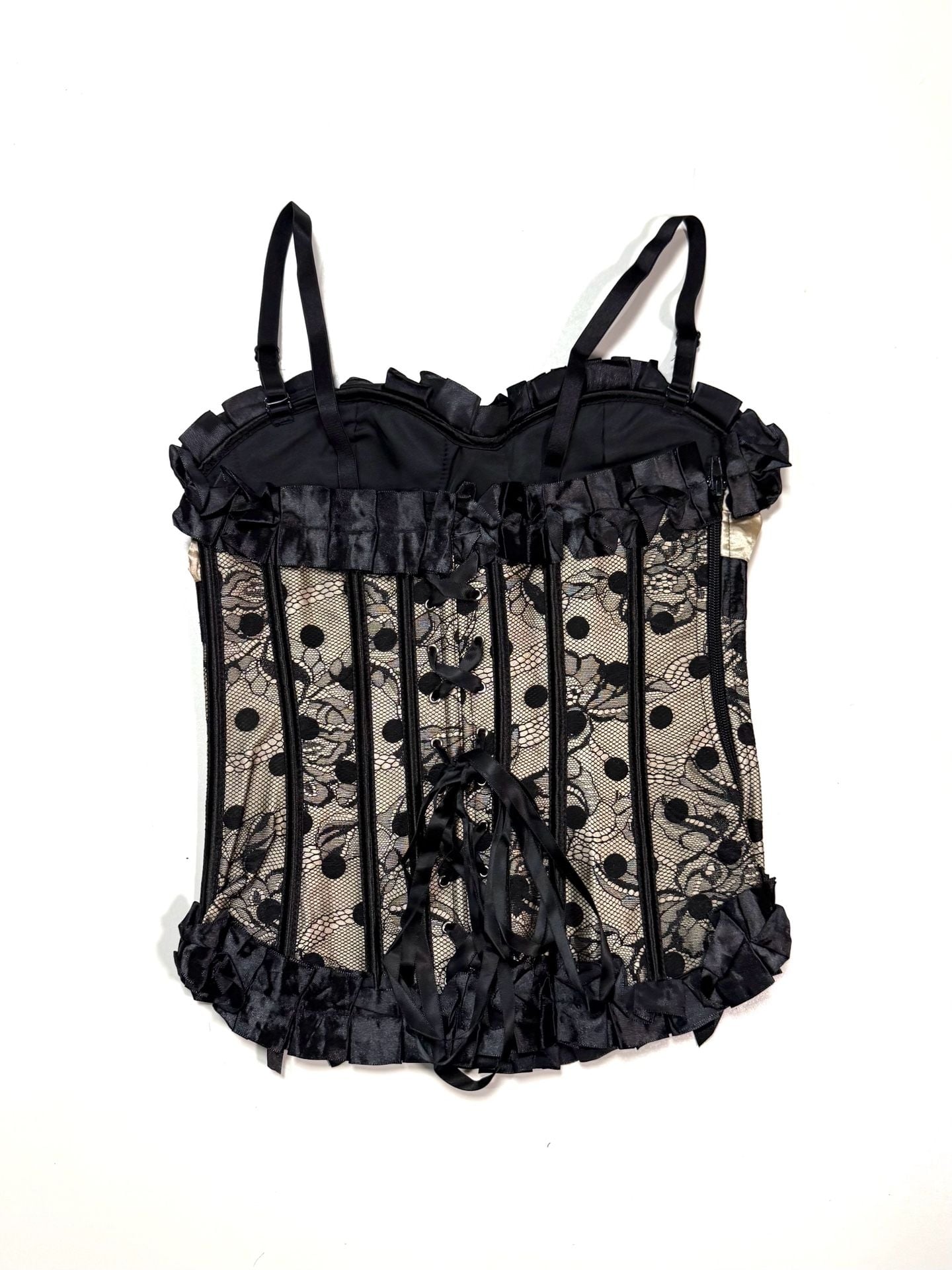 Women's Corset Bustier Top M Whimsigoth Witchy Coquette Y2K Cottage-Glam Balletcore Black Champagne Polka Dot Lace Overlay Satin Ruffle Bow Boned Lace-Up Back Side Zip Adjustable Straps 3