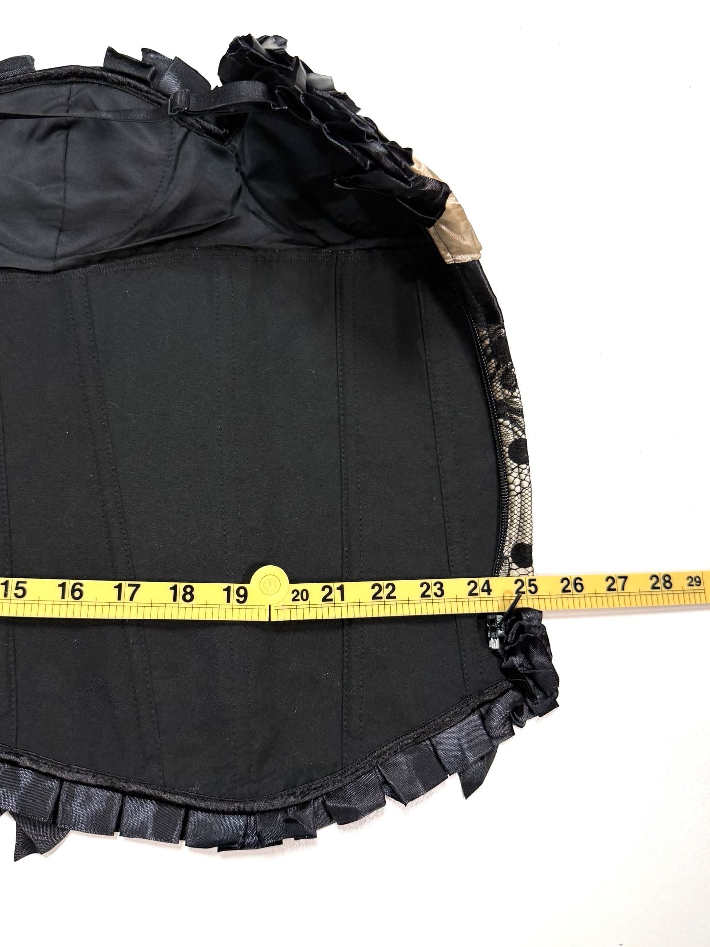 Women's Corset Bustier Top M Whimsigoth Witchy Coquette Y2K Cottage-Glam Balletcore Black Champagne Polka Dot Lace Overlay Satin Ruffle Bow Boned Lace-Up Back Side Zip Adjustable Straps 5