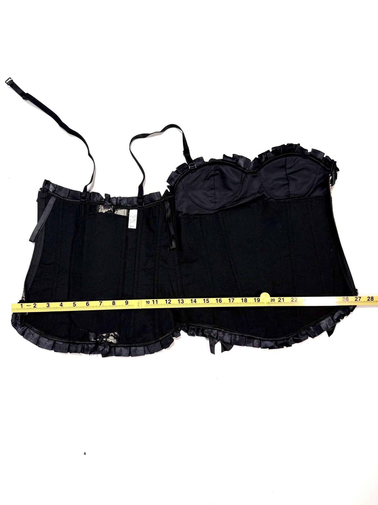 Women's Corset Bustier Top M Whimsigoth Witchy Coquette Y2K Cottage-Glam Balletcore Black Champagne Polka Dot Lace Overlay Satin Ruffle Bow Boned Lace-Up Back Side Zip Adjustable Straps 6