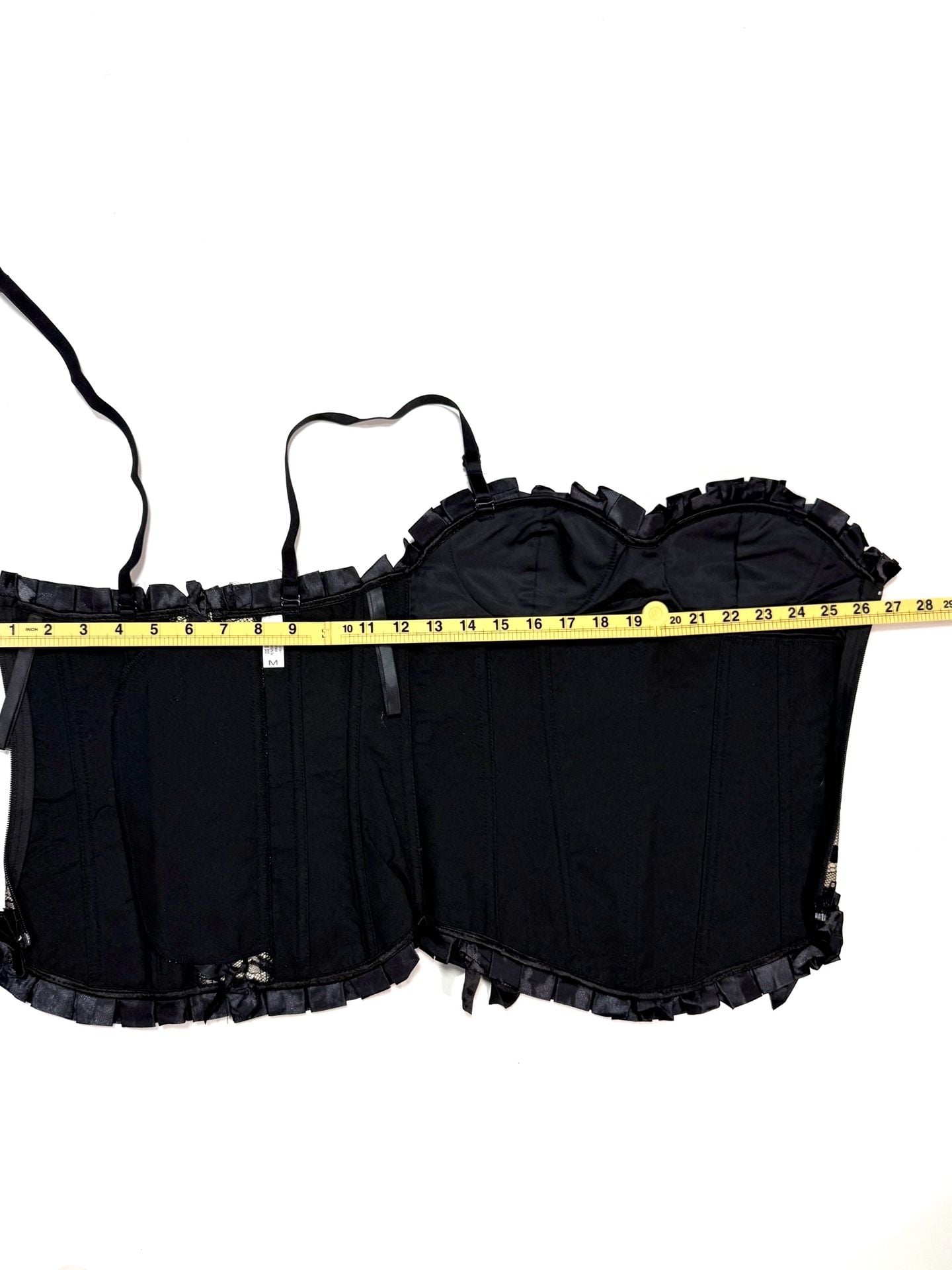 Women's Corset Bustier Top M Whimsigoth Witchy Coquette Y2K Cottage-Glam Balletcore Black Champagne Polka Dot Lace Overlay Satin Ruffle Bow Boned Lace-Up Back Side Zip Adjustable Straps 7