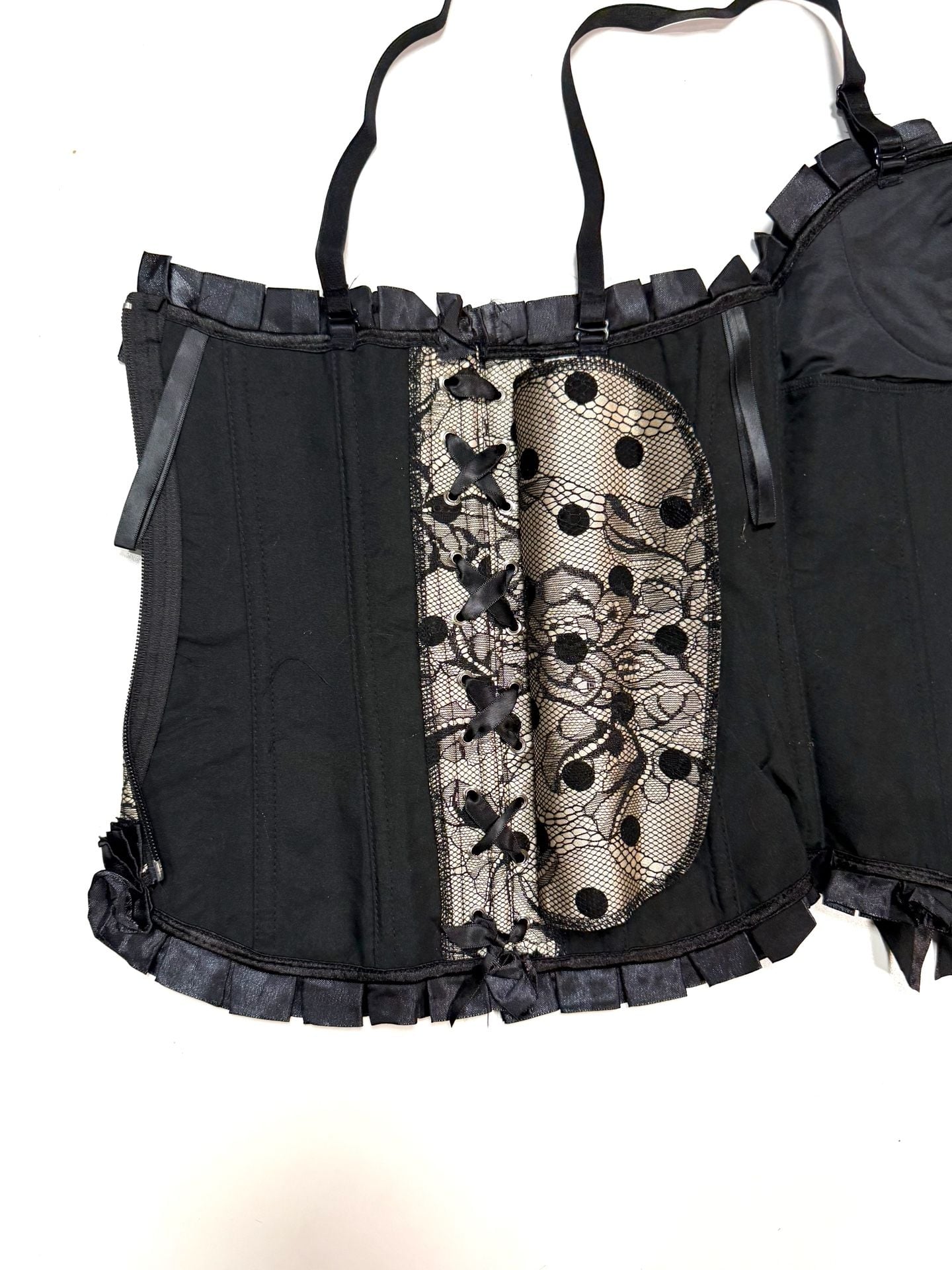 Women's Corset Bustier Top M Whimsigoth Witchy Coquette Y2K Cottage-Glam Balletcore Black Champagne Polka Dot Lace Overlay Satin Ruffle Bow Boned Lace-Up Back Side Zip Adjustable Straps 8