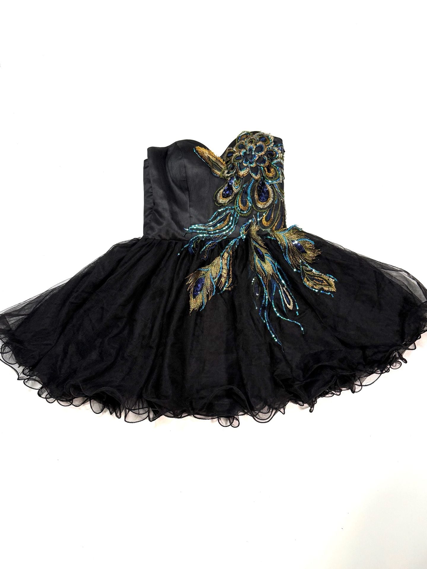 Women's Mini Dress Strapless Whimsigoth Coquette Cottage-Glam Y2K Balletcore Black Peacock Feather Embroidered Sequin Tulle Sweetheart Party Prom Homecoming Boned Bodice Back Zip 2