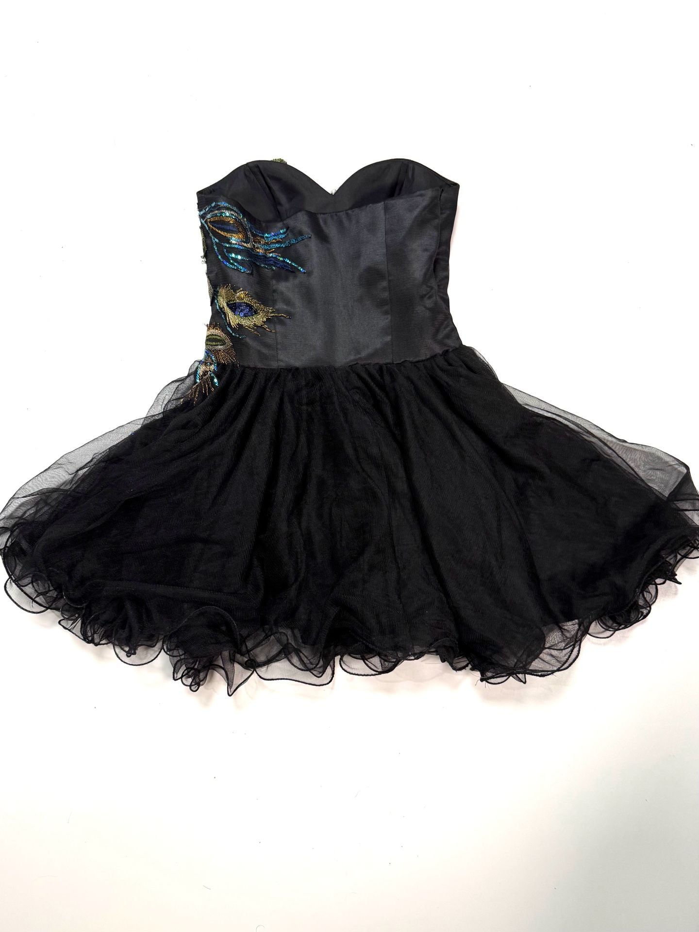 Women's Mini Dress Strapless Whimsigoth Coquette Cottage-Glam Y2K Balletcore Black Peacock Feather Embroidered Sequin Tulle Sweetheart Party Prom Homecoming Boned Bodice Back Zip 3