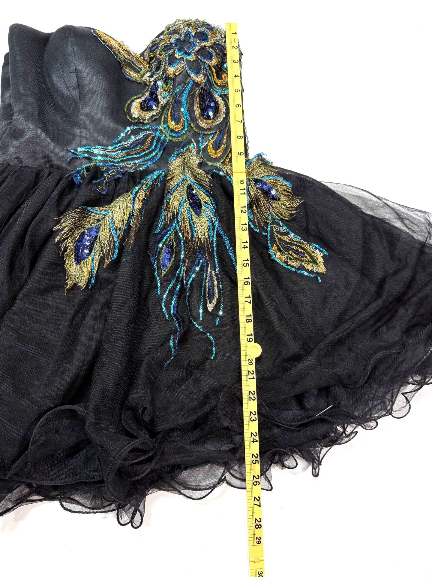 Women's Mini Dress Strapless Whimsigoth Coquette Cottage-Glam Y2K Balletcore Black Peacock Feather Embroidered Sequin Tulle Sweetheart Party Prom Homecoming Boned Bodice Back Zip 4