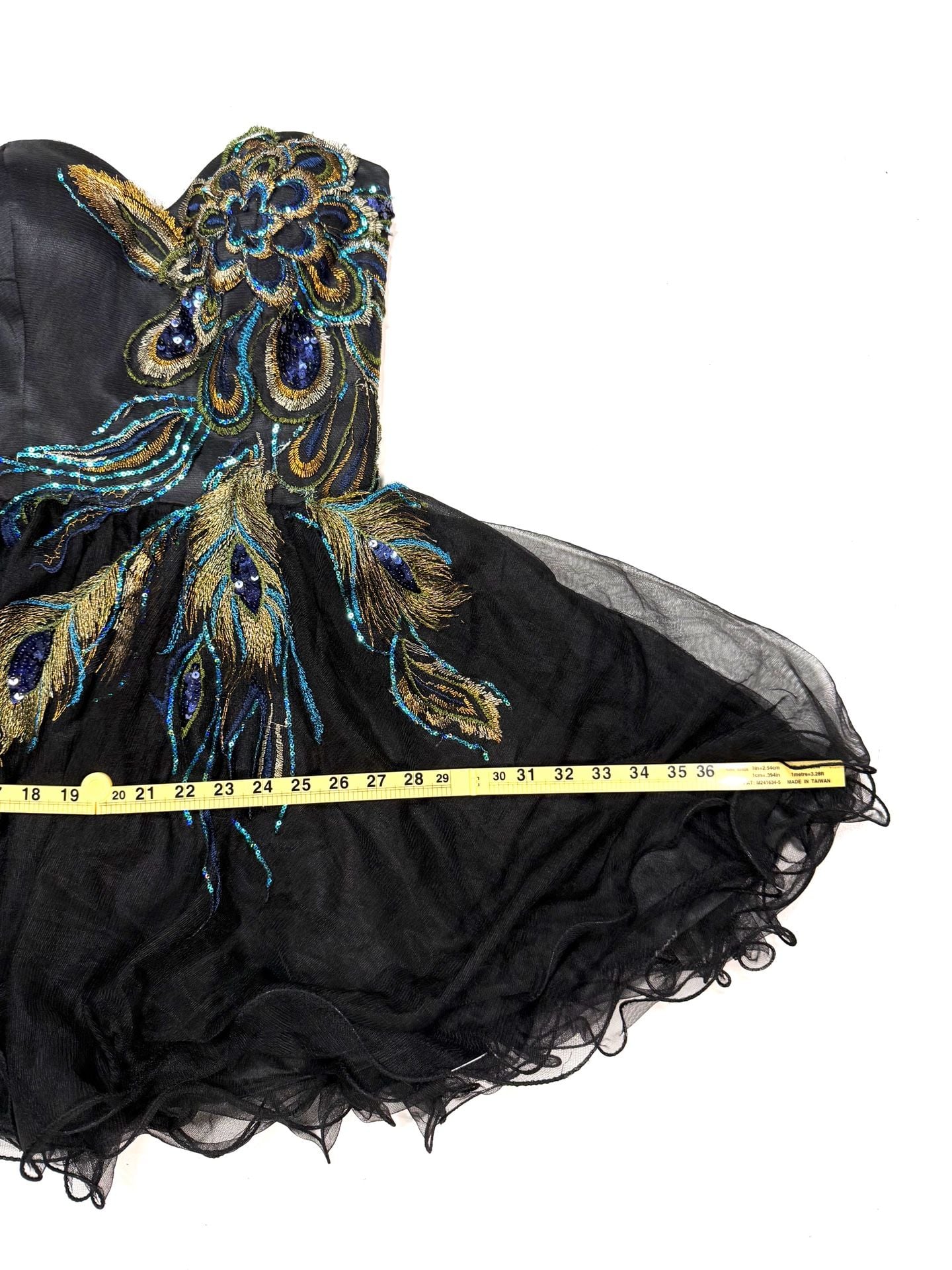 Women's Mini Dress Strapless Whimsigoth Coquette Cottage-Glam Y2K Balletcore Black Peacock Feather Embroidered Sequin Tulle Sweetheart Party Prom Homecoming Boned Bodice Back Zip 5