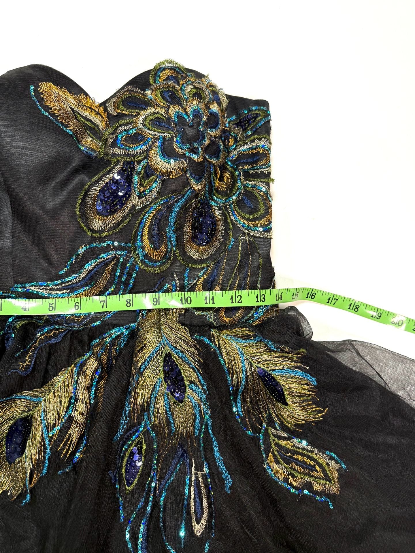 Women's Mini Dress Strapless Whimsigoth Coquette Cottage-Glam Y2K Balletcore Black Peacock Feather Embroidered Sequin Tulle Sweetheart Party Prom Homecoming Boned Bodice Back Zip 6