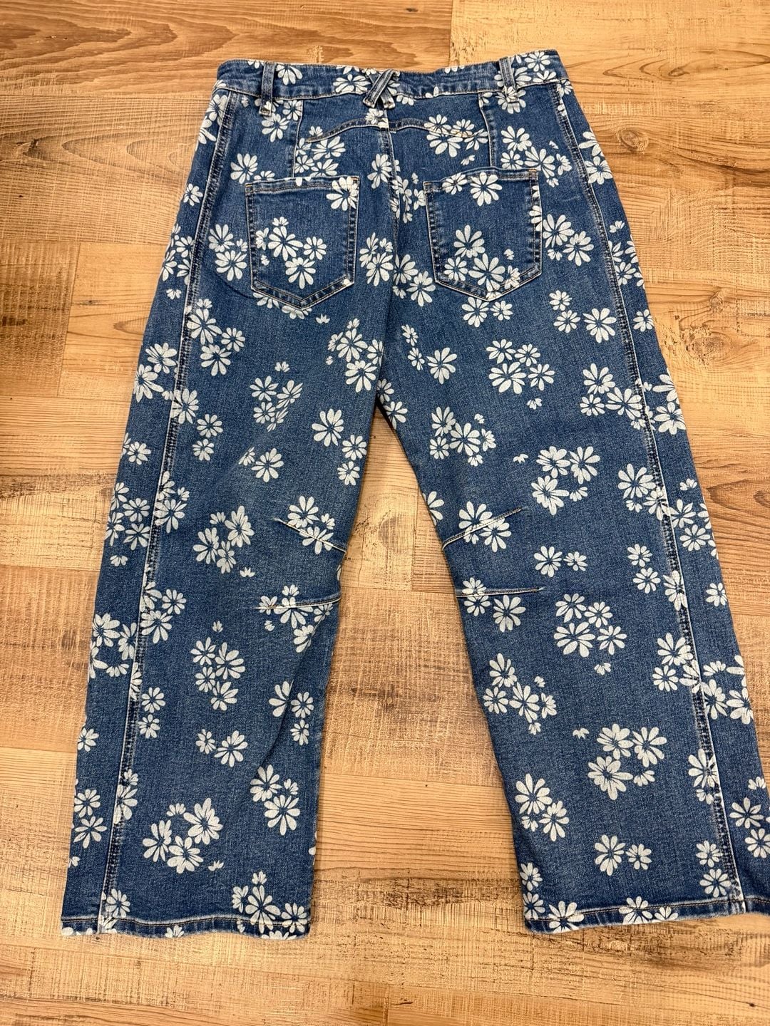 Flamingals Floral Print Barrel Leg Denim Jeans Size L Blue White 7