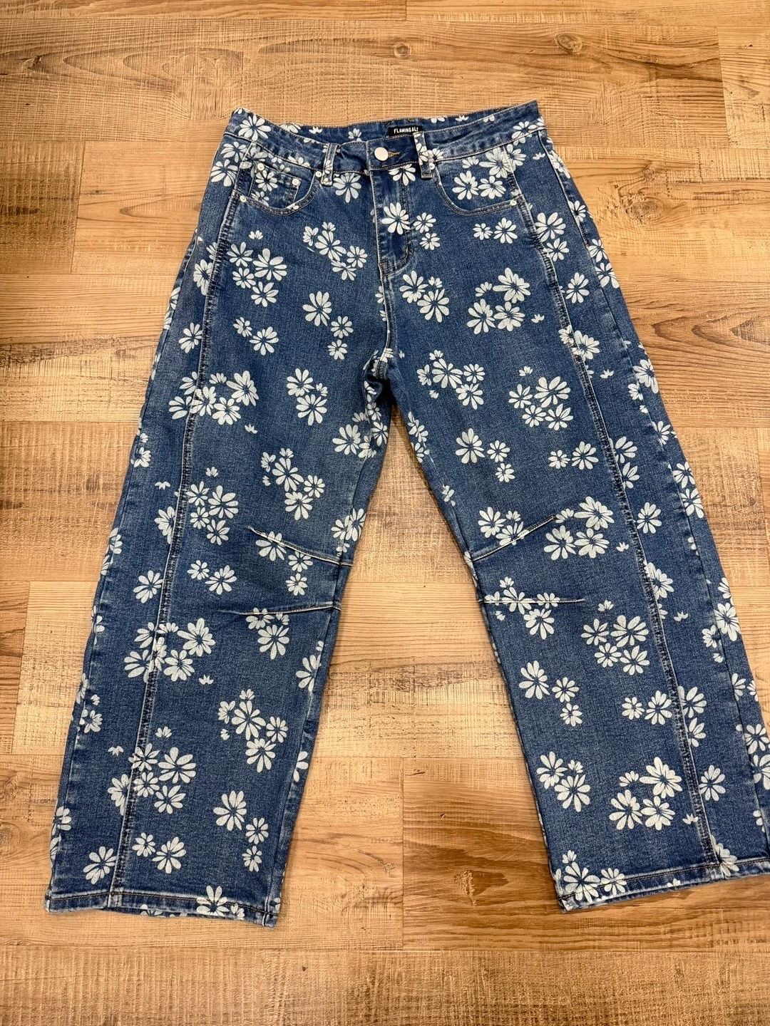Flamingals Floral Print Barrel Leg Denim Jeans Size L Blue White 2