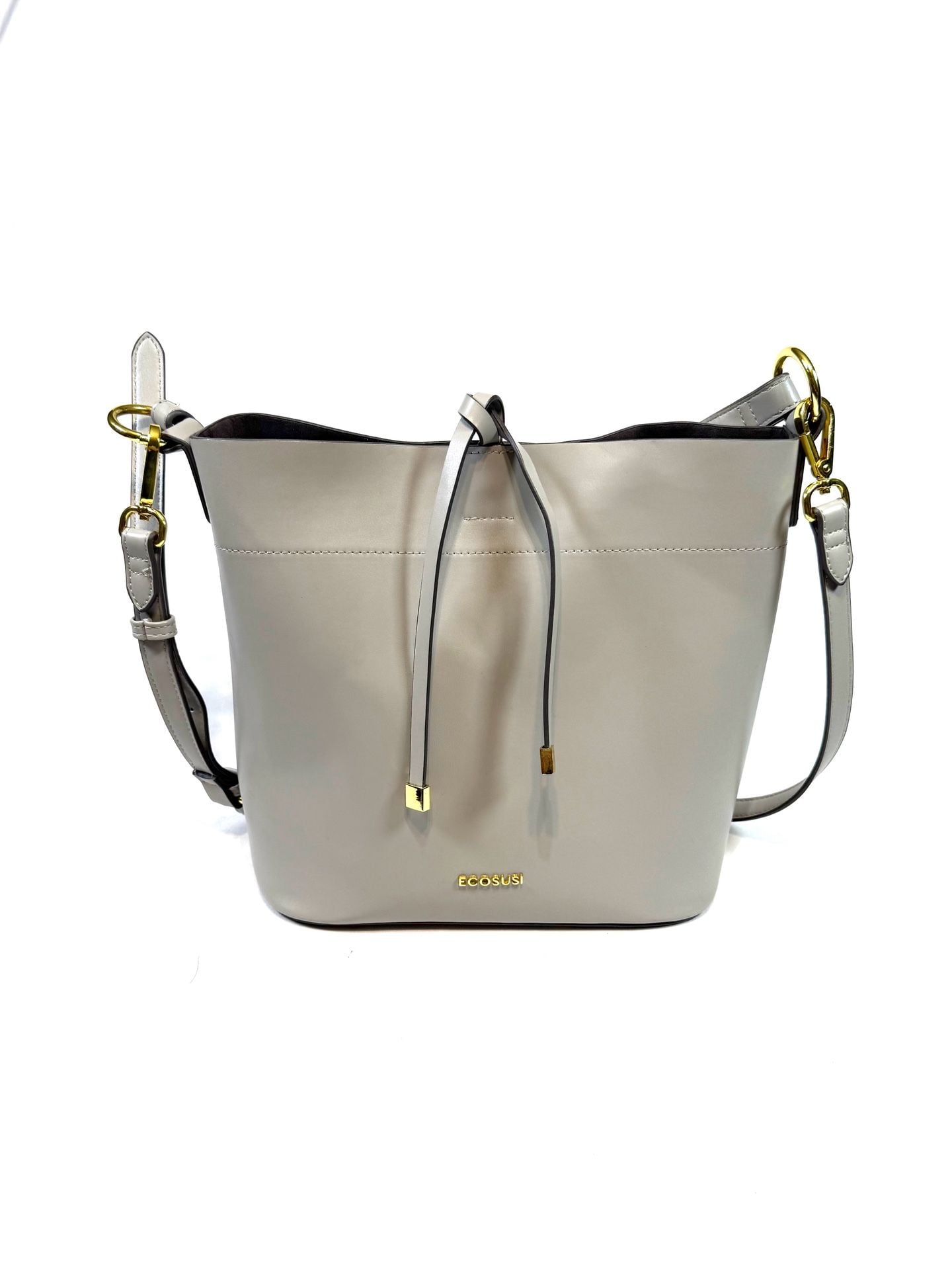 ECOSUSI Women's Bucket Bag Quiet Luxury Old Money Preppy Minimalist Heritage Greige Taupe Vegan Leather Crossbody Shoulder Bag Gold Hardware Drawstring Tie Zip Pocket 2