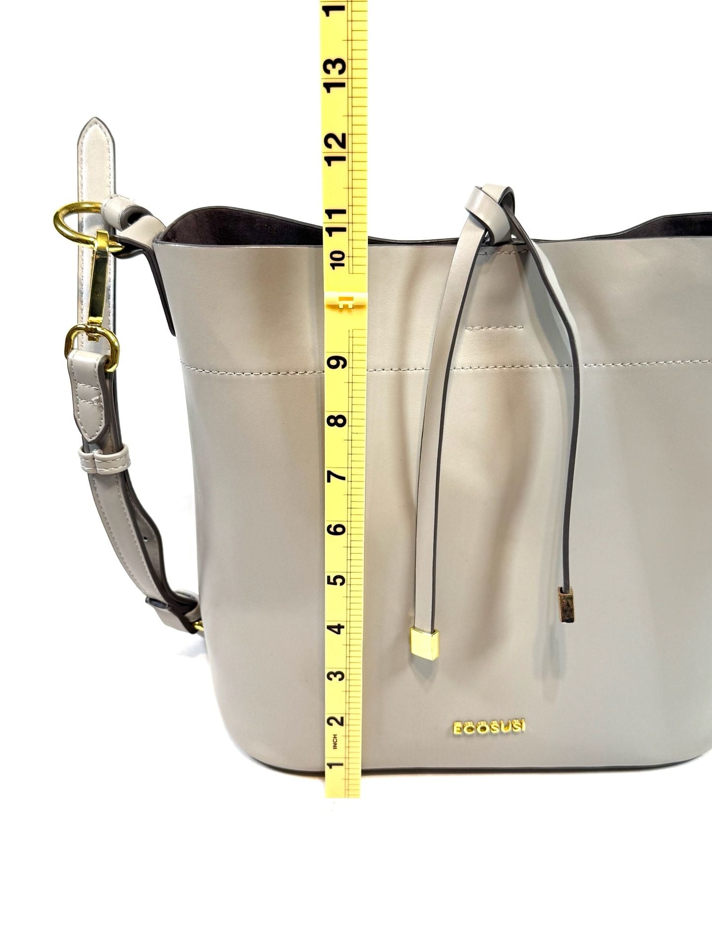 ECOSUSI Women's Bucket Bag Quiet Luxury Old Money Preppy Minimalist Heritage Greige Taupe Vegan Leather Crossbody Shoulder Bag Gold Hardware Drawstring Tie Zip Pocket 4