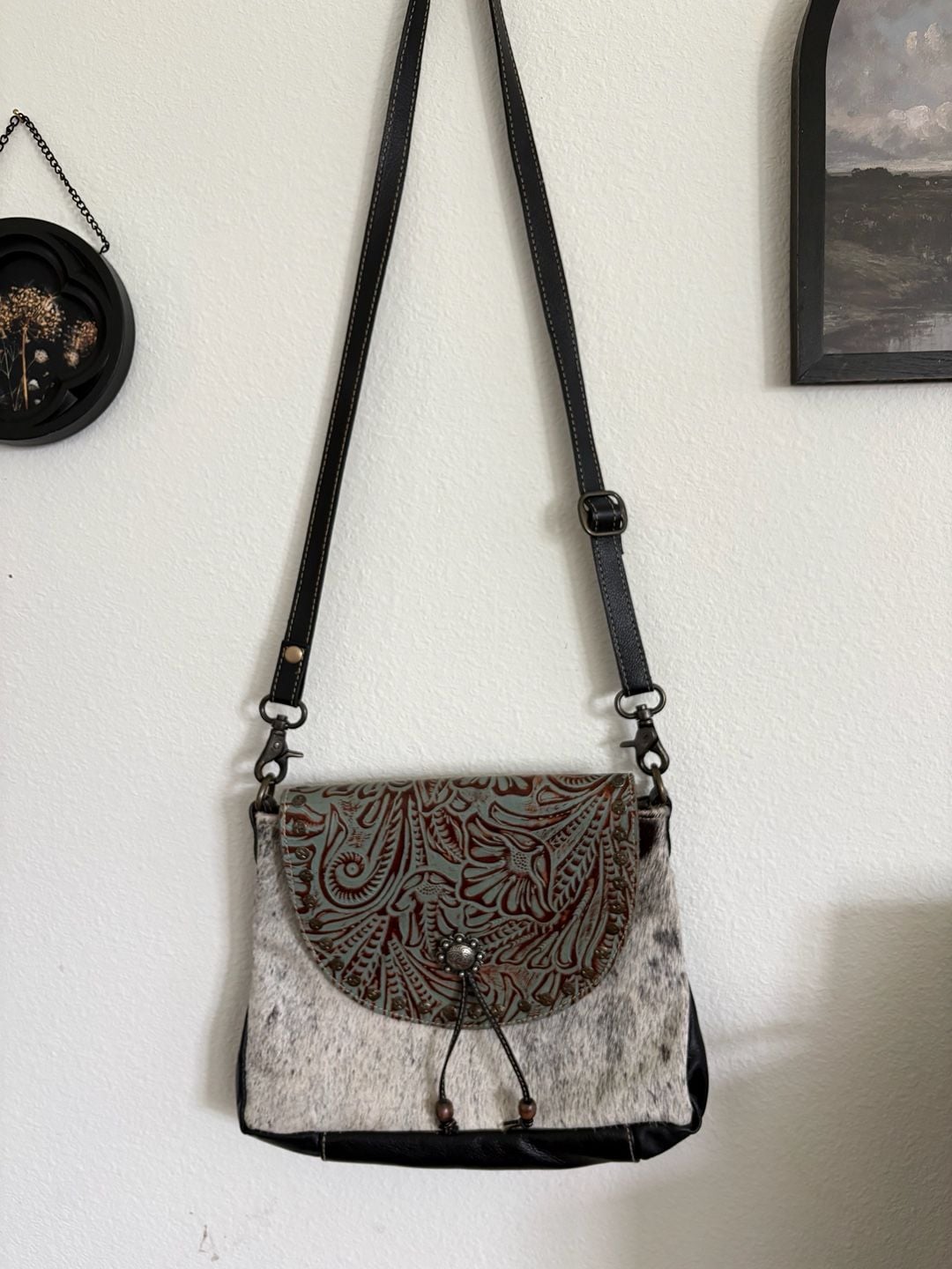 Myra Western Cowhide Leather Crossbody Bag Turquoise Tooled Flap 3