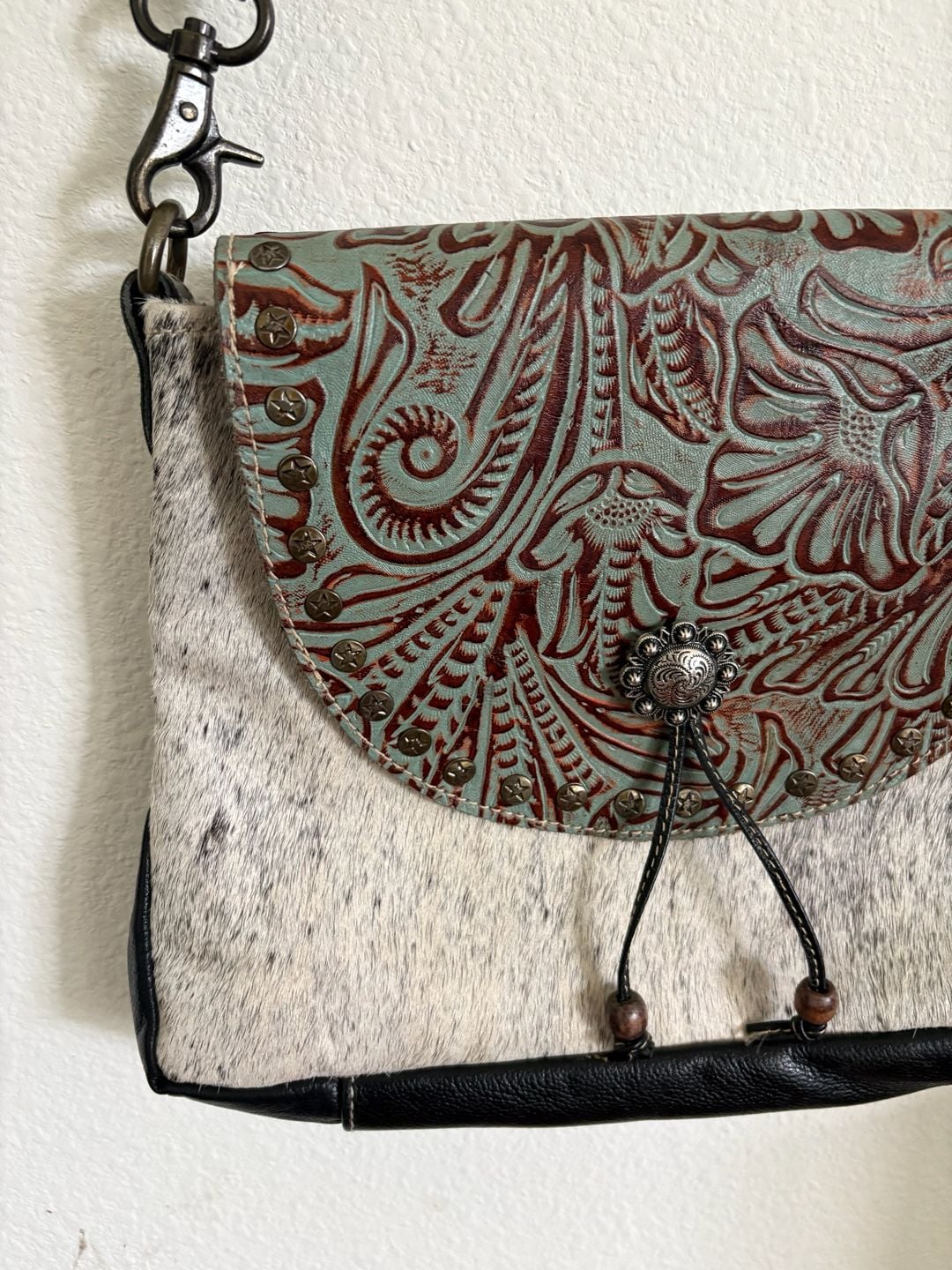 Myra Western Cowhide Leather Crossbody Bag Turquoise Tooled Flap 5