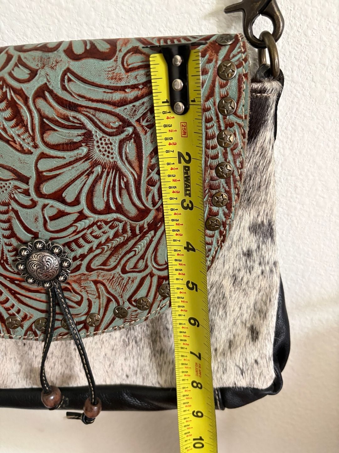 Myra Western Cowhide Leather Crossbody Bag Turquoise Tooled Flap 7