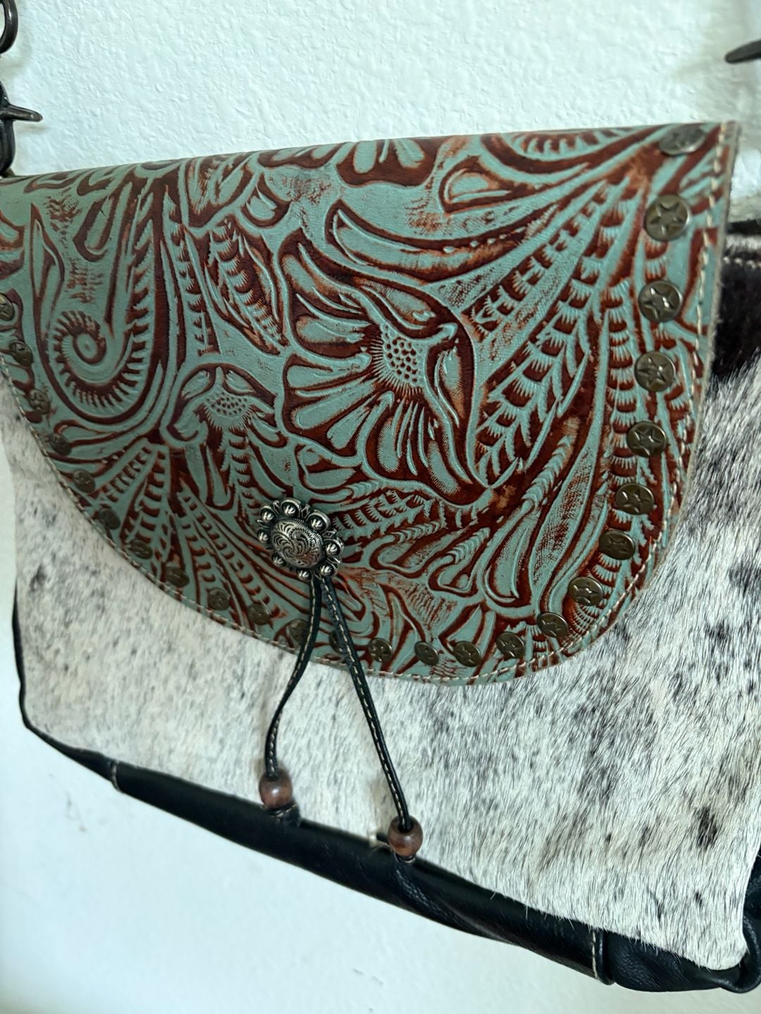 Myra Western Cowhide Leather Crossbody Bag Turquoise Tooled Flap 8