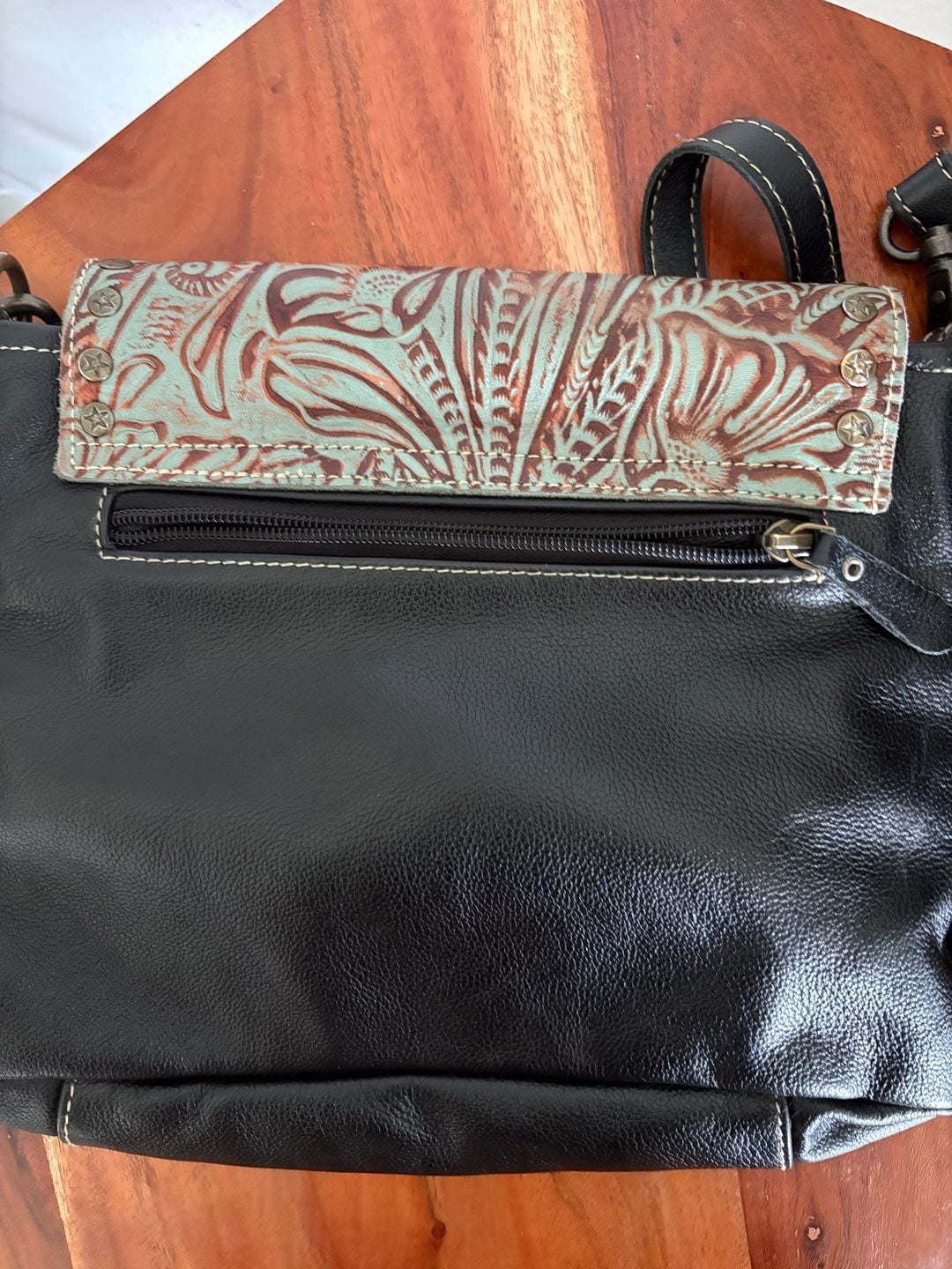 Myra Western Cowhide Leather Crossbody Bag Turquoise Tooled Flap 13