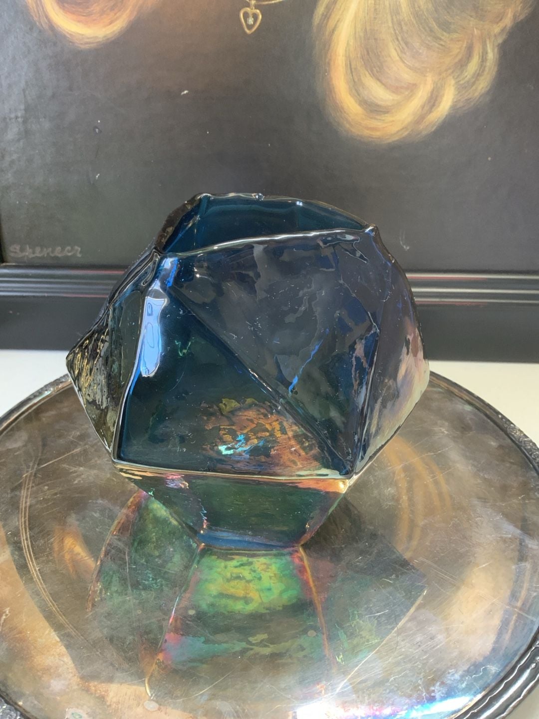Unbranded Iridescent Blue Geometric Faceted Art Glass Vase 1