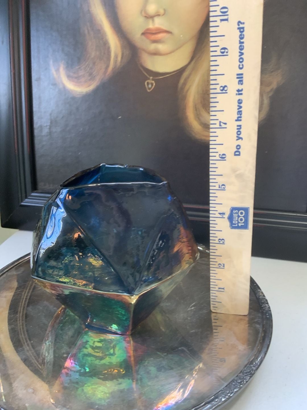 Unbranded Iridescent Blue Geometric Faceted Art Glass Vase 3