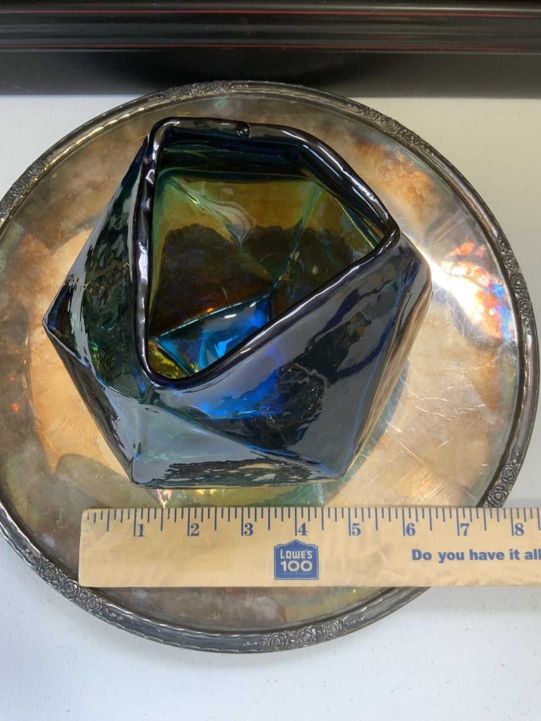 Unbranded Iridescent Blue Geometric Faceted Art Glass Vase 4