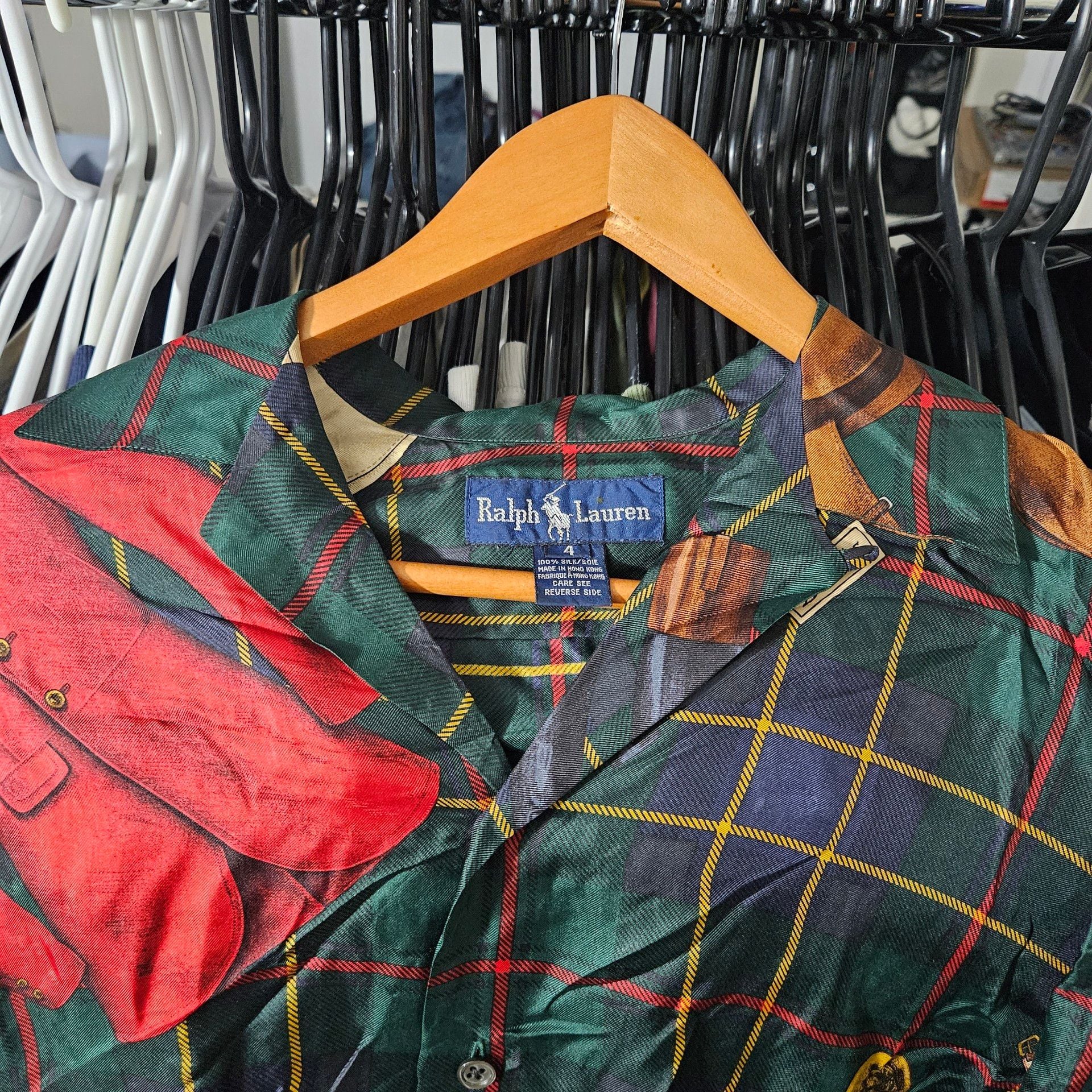 Vintage Ralph Lauren 100% Silk Equestrian Print Button Up Shirt Small Women 2