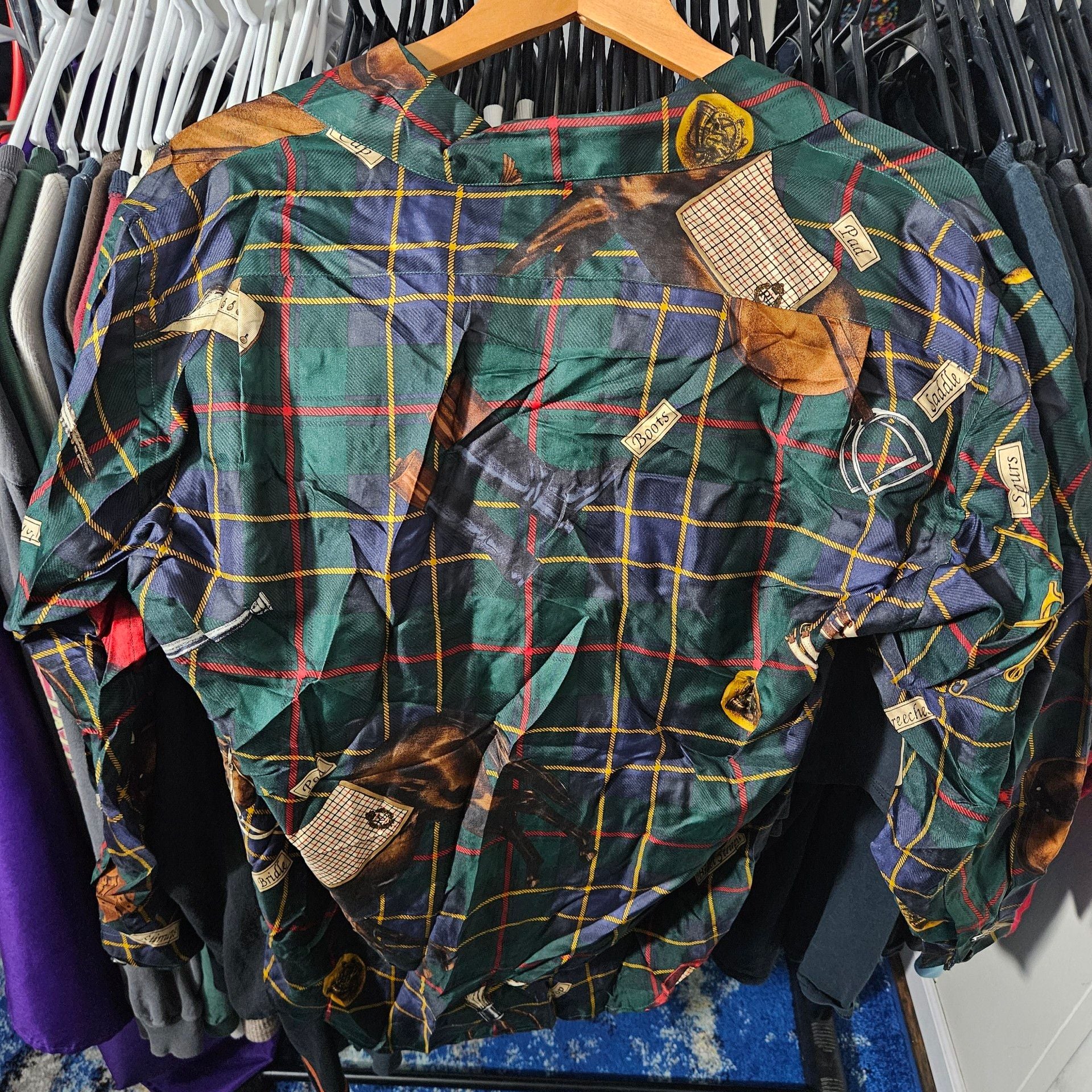 Vintage Ralph Lauren 100% Silk Equestrian Print Button Up Shirt Small Women 5