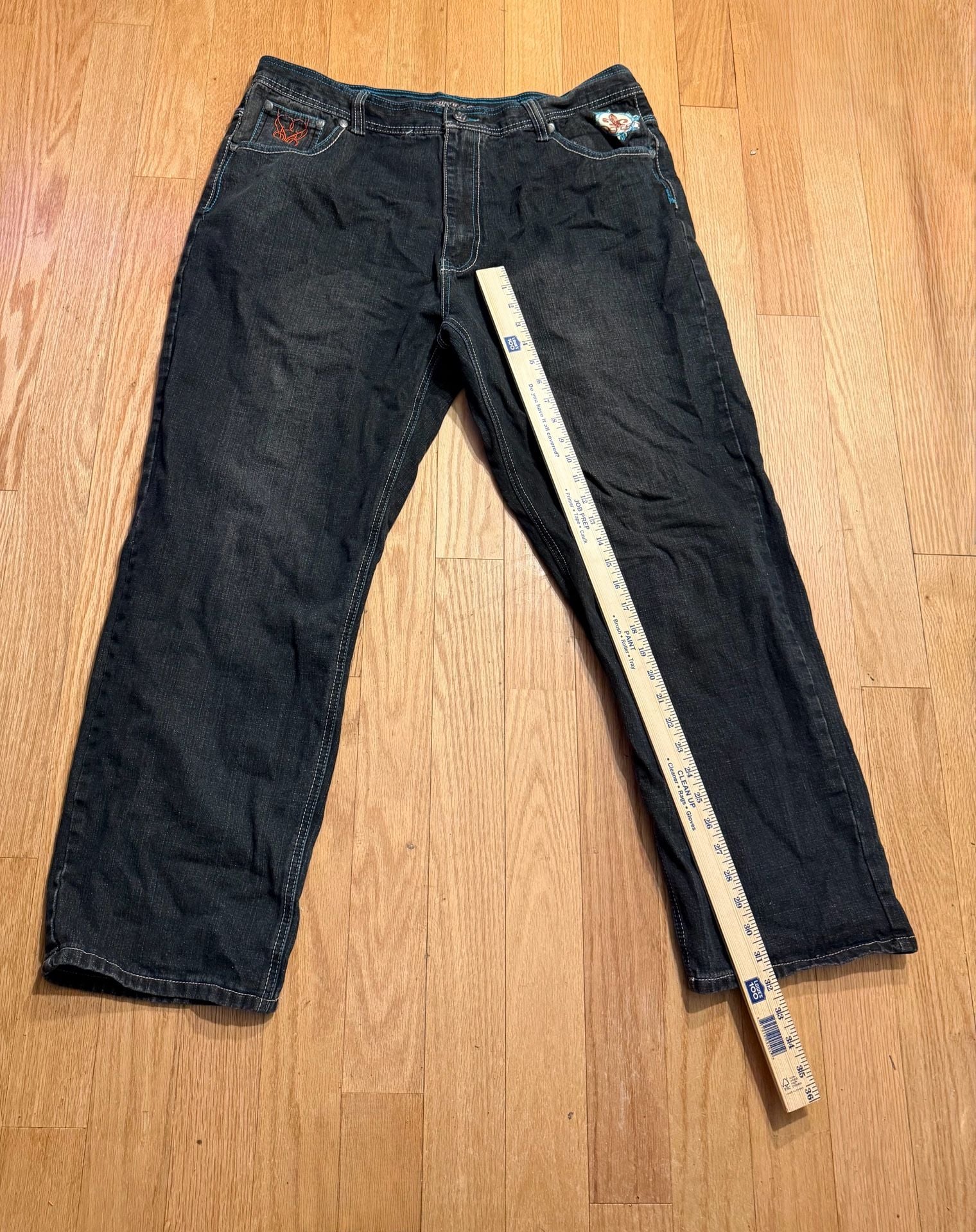Y2K Jinzu Denim Jeans Straight Leg Black Embroidered Embellished 2