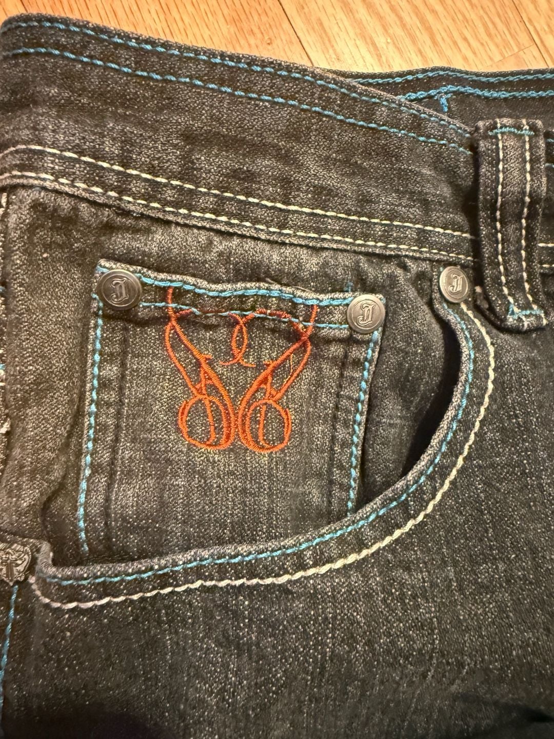 Y2K Jinzu Denim Jeans Straight Leg Black Embroidered Embellished 9