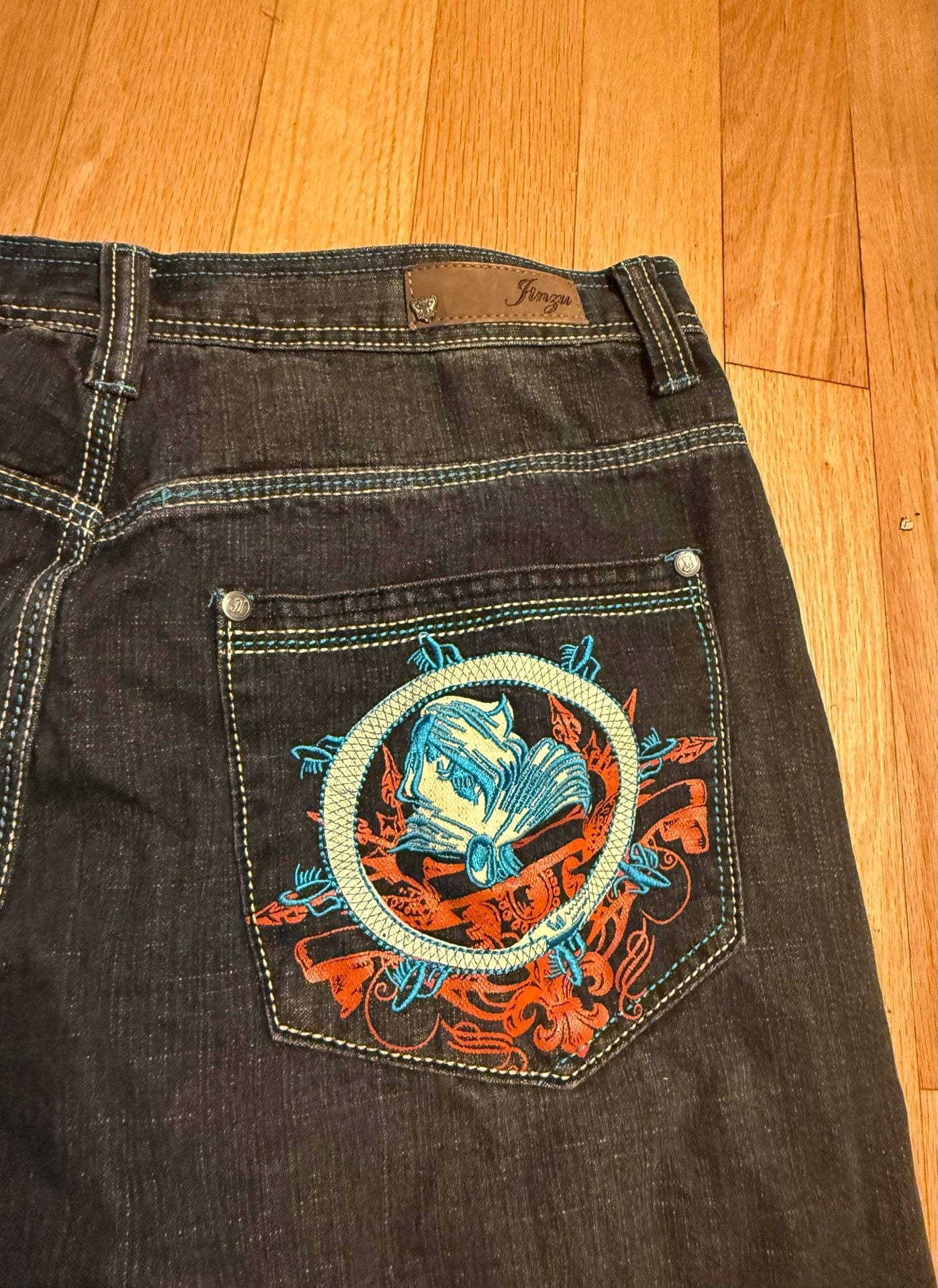 Y2K Jinzu Denim Jeans Straight Leg Black Embroidered Embellished 10