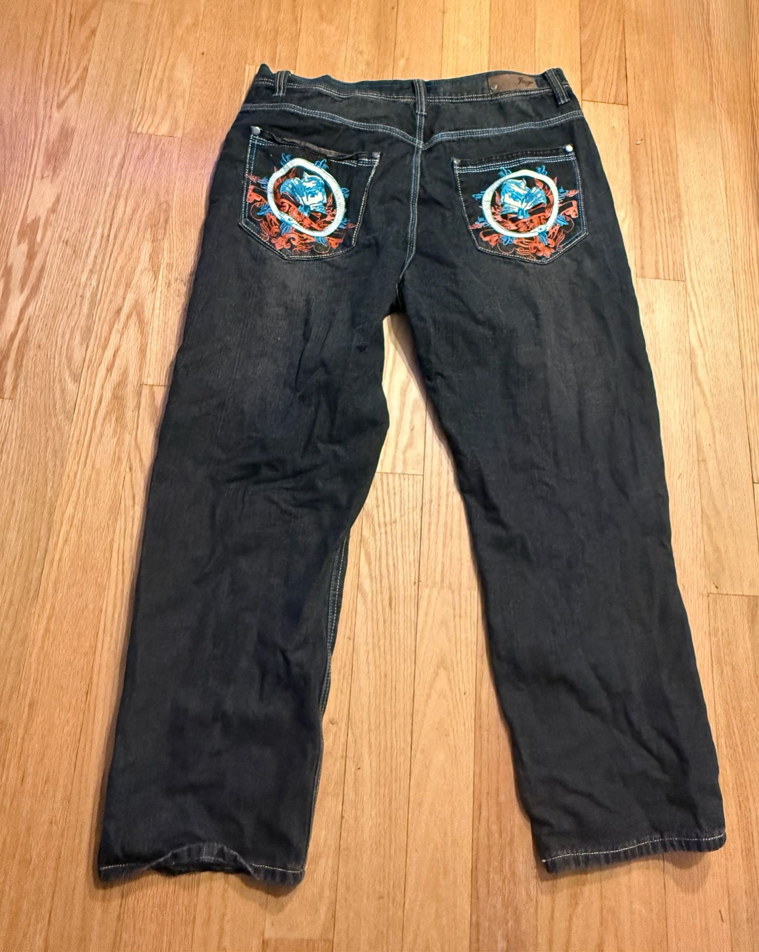 Y2K Jinzu Denim Jeans Straight Leg Black Embroidered Embellished 11