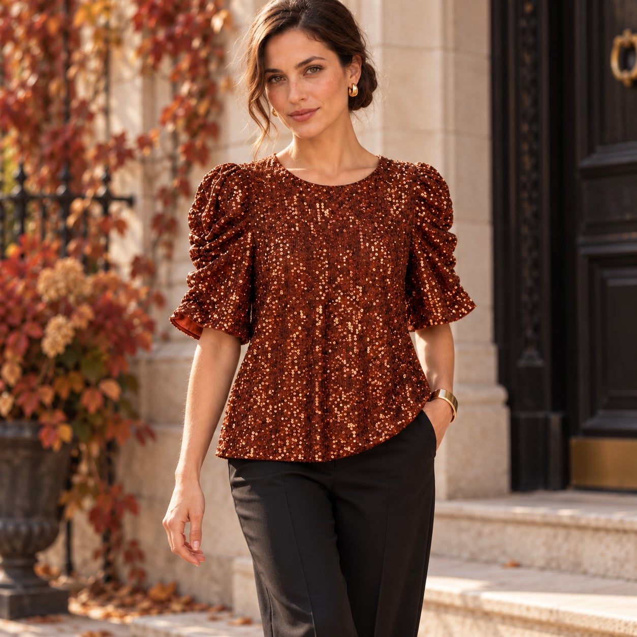 Anthropologie Copper Sequin Puff Sleeve Blouse Party Top Medium 2