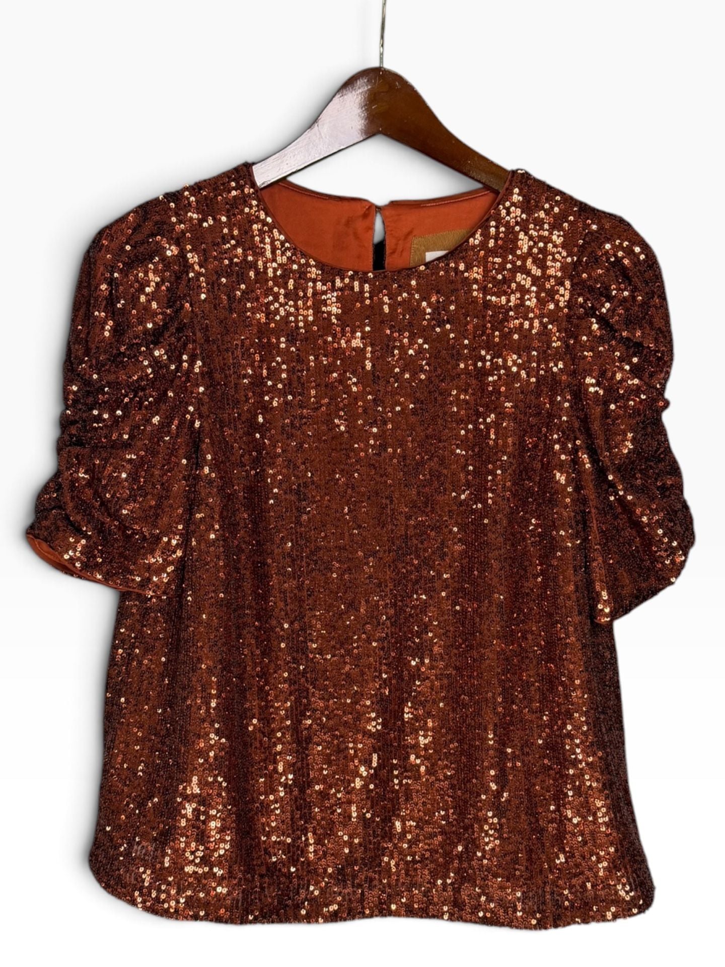 Anthropologie Copper Sequin Puff Sleeve Blouse Party Top Medium 5