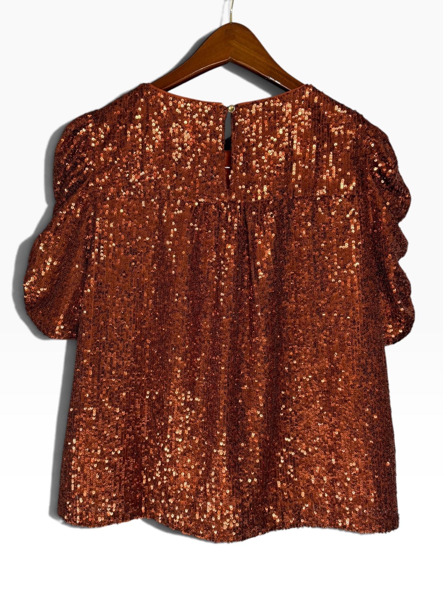 Anthropologie Copper Sequin Puff Sleeve Blouse Party Top Medium 11