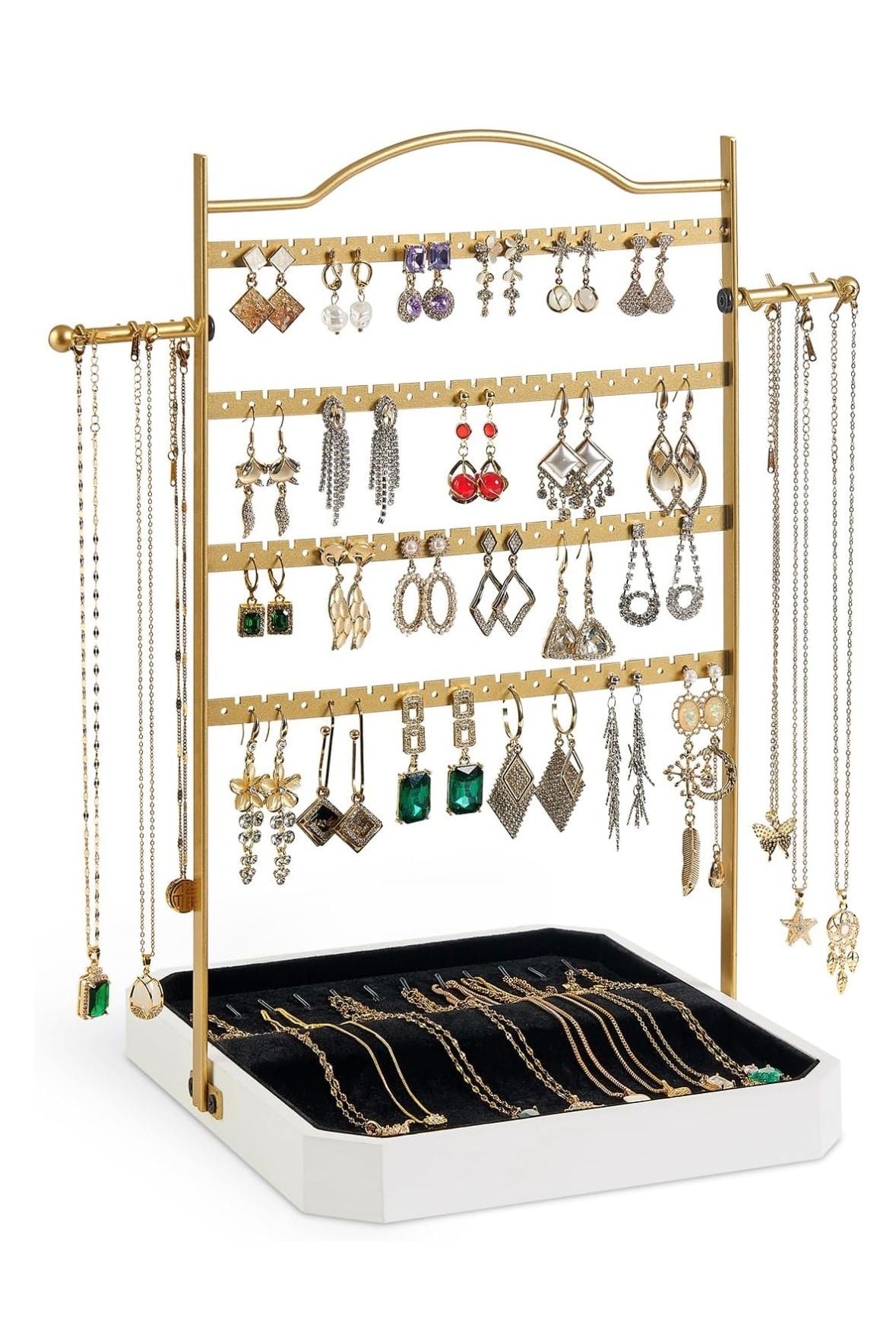 Gold Metal Jewelry Organizer Stand With White Wooden Tray 1