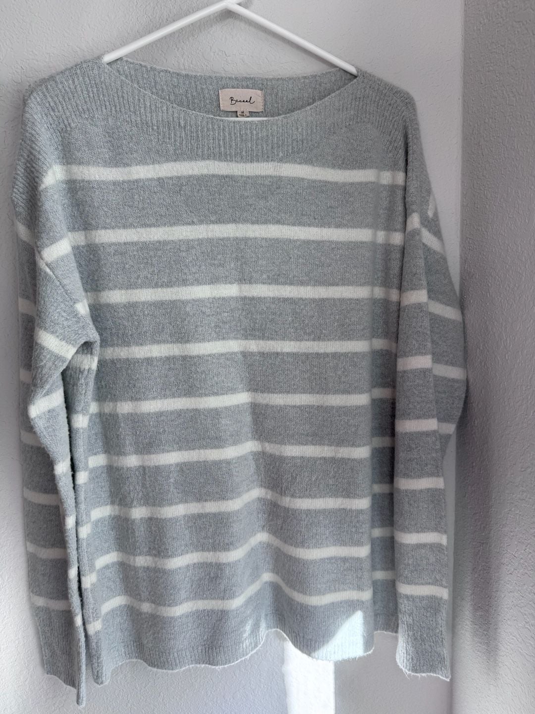 Becool Striped Sweater Size M Gray White Boat Neck Pullover 2
